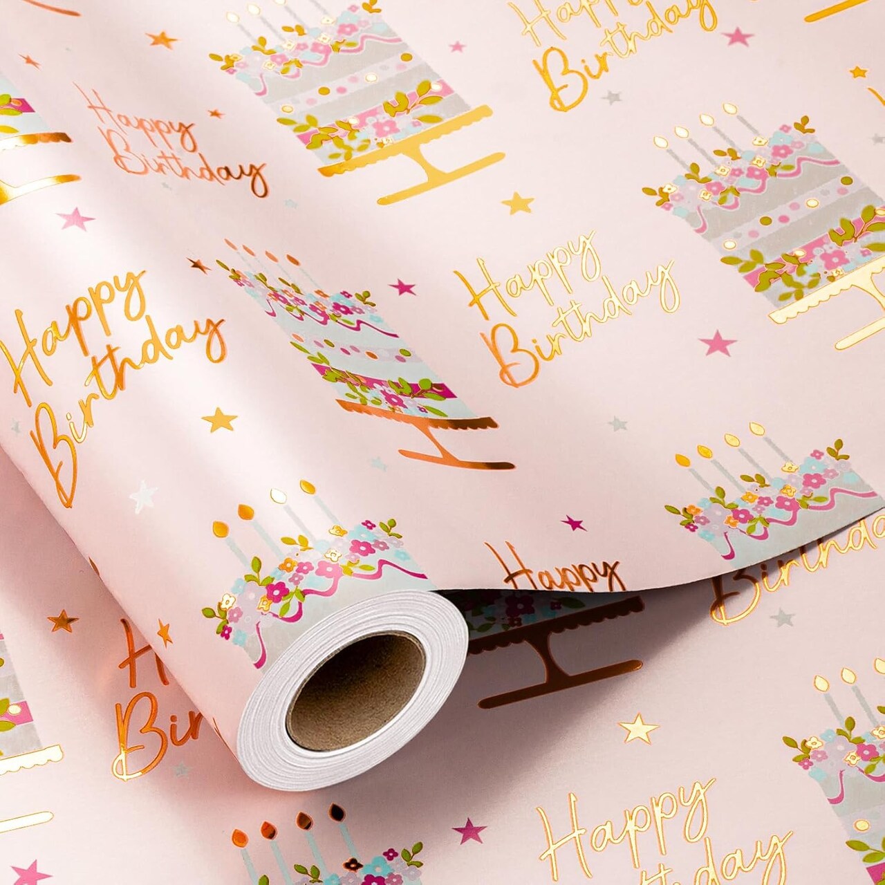 Birthday Cake Wrapping Paper Roll – 17” x 33 ft, Pink Pastel Cake & Candle Design with Gold Foil Shine for Birthdays, Weddings, Bridal Showers & Holidays (Pink Cake)